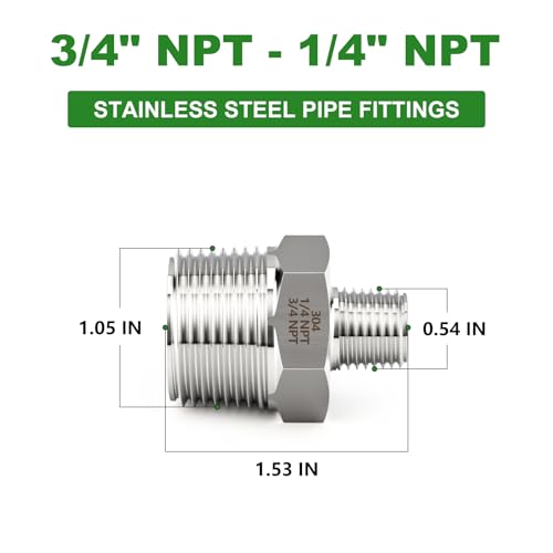 TAISHER 2PCS Forging of 304 Stainless Steel Reducer Hex Nipple, 3/4" NPT Male x 1/4" NPT Male Pipe Fitting - size: 3/4" NPT x 1/4" NPT