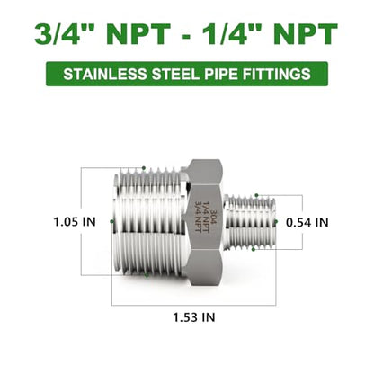 TAISHER 2PCS Forging of 304 Stainless Steel Reducer Hex Nipple, 3/4" NPT Male x 1/4" NPT Male Pipe Fitting - size: 3/4" NPT x 1/4" NPT