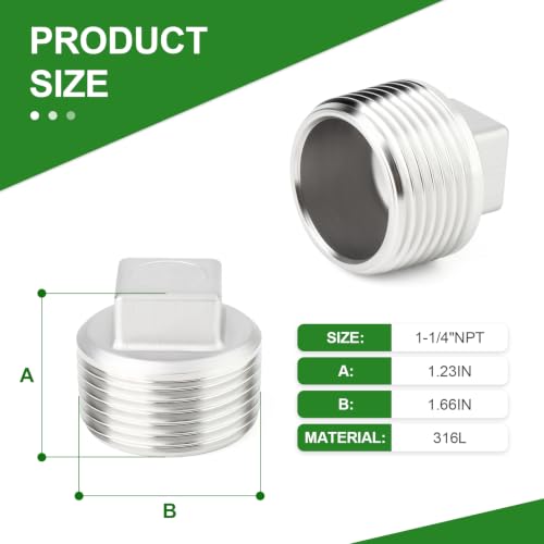 TAISHER 2Pcs 316 SS Cast Square Head 1-1/4"NPT Male Socket Pipe Plug - size: 1-1/4"MNPT(316 Plug)