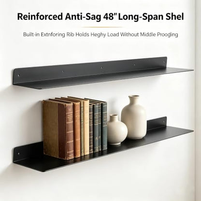 48 Inch 2-Pack Metal Floating Shelves for Wall, Heavy Duty Carbon Steel Floating Shelves, Farmhouse Industrial Home Rust-Proof Bathroom Kitchen Living Room Garage Storage Rack with Anchors