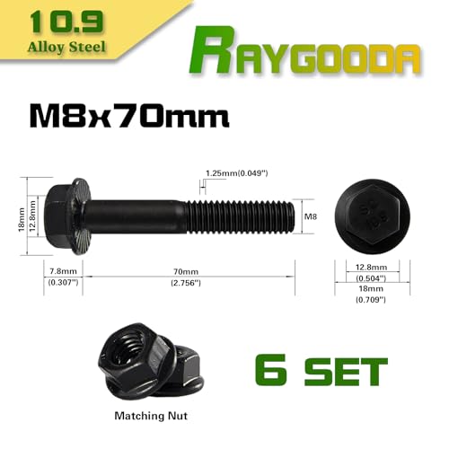 M8-1.25x70mm Flange Bolt and Nut Kit 6set- Grade 10.9 Alloy Steel, Black Zinc,Partially Thread, Serrated Self-Locking, Vibration Resistant for Automotive, Machinery & Heavy Duty - size: M8x70mm(6 Sets）