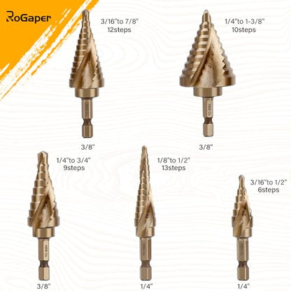 6PC Cobalt Step Drill Bit Set, Hex Shank Step Drill with Two Spiral Flutes and Automatic Center Punch for Metal, Stainless Steel, Aluminum, Wood, and Plastic with Aluminum Case, 50 Sizes - style: M35-6PC