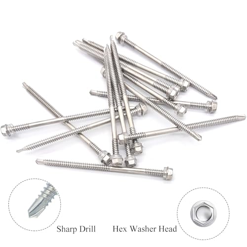 #14 x4-7/8 (1" to 4-7/8" Available) Hex Washer Head Self Drilling Screws, 410 Stainless Steel, Self Tapping Sheet Metal Tek Screws, 15 PCS - size: 15 Pcs #14 x4-7/8"