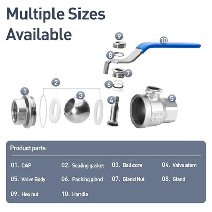 1" Female NPT 2-Piece Full Port Ball Valve, 2 Pack - size: 1 Inch