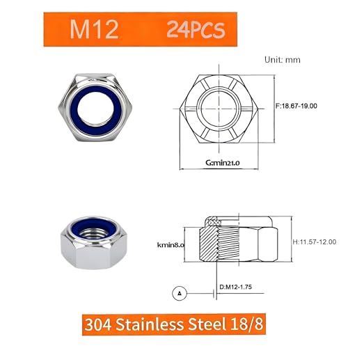 M12-1.75mm Locknuts,24PCS 304 (A2-70) Stainless Steel Nylon Insert Lock Nuts,Standard Metric Thread Nylock Nuts - size: M12-1.75mm 24PCS