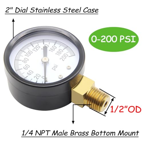 Uenede 0-200PSI Pressure Gauge 1/4" NPT Brass Bottom Mount with Bushing - size: 200PSI(1/4"NPT)