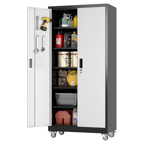 Aobabo Garage Storage Cabinet with Wheels, Metal Storage Cabinet with 5 Adjustable Shelves for Garage Home, Black&Silver,71" H*34''W*18''D,Required-Assembly, - color: Black Silver, size: 18"D x 34"W x 71"H