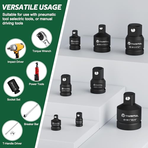 8 Pcs Impact Socket Adapter & Reducer Set, CR-MO, 1/4", 3/8", 1/2", 3/4", 1" Drive Socket Adapter Set with Blow Molded Case for Mechanic, Industrial Repair, Socket, Wrench, Driver Conversions