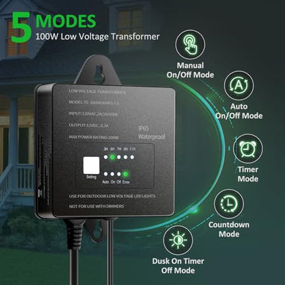 100W Low Voltage Landscape Lighting Transformer 12V DC with Timer Photocell