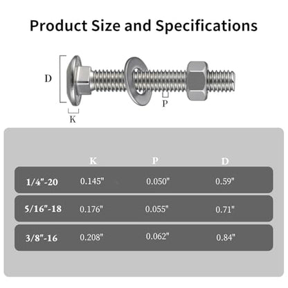 1/4-20 x 2 Carriage Bolts 304 Stainless Steel 18-8,Round Head Square Neck (20Sets) Bolts and Nuts Kit with Flat Washers - size: 1/4-20 x 2"
