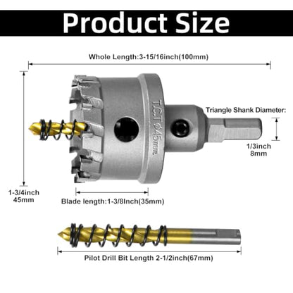 SALI 1-3/4" (45mm) TCT Hole Saw Kit Tungsten Carbide Tipped Hole Saw Drill Bit with Titanium-Plated Pilot Drill bit for Metal, Stainless Steel, Iron, Wood, Plastic - size: 1.77"