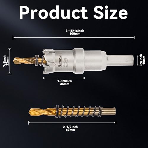 Hole Saw 7/8" (22mm) Heavy Duty Carbide with 2 Pilot Drill Bits - Metal Hole Cutter Cuts Stainless Steel, Iron, Copper, Brass, Plastic - size: 22mm|7/8"