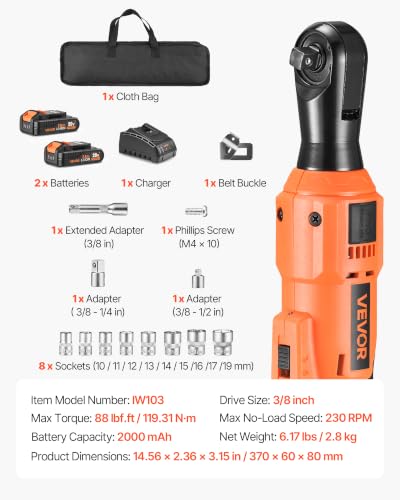 VEVOR Cordless Ratchet Wrench, 3/8 inch Drive, 230 RPM, up to 88 ft-lbs of Torque, Battery Powered Electric Ratchet Wrench Set with Two 2.0Ah Batteries, Charger, Sockets, Adaptors and Cloth Bag - size: 14.56 in, style: Standard