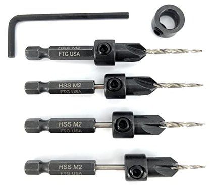 FTG USA #4 (7/64") Wood Countersink Drill Bit 4-Pc Set with 3/8" Depth Stop - size: #4, style: 4 Pc with Depth Stop