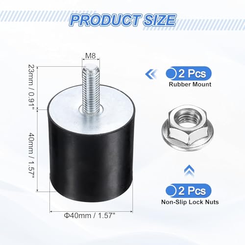uxcell 2Pcs M8 Thread Rubber Mounts, Vibration Isolators, Cylindrical Shock Absorber with Studs 40 x 40mm with Non-Slip Nuts - size: M8 x 40 x 40mm
