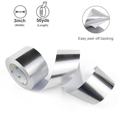 BOMEI PACK Aluminum Foil Tape, 3 inch x 50 Yds Foil Tape (3.2 mil), Silver Insulation Adhesive Metal Tape, High Temperature Heavy Duty HVAC Tapes for Ductwork, Dryer Vent, HVAC - size: 75mm