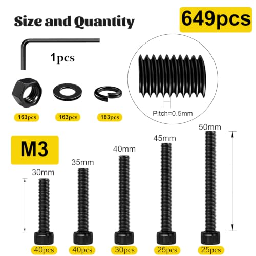 649PCS M3 Hex Socket Head Long Screws Kit, M3-0.5x30/35/40/45/50 mm - size: M3 649pcs