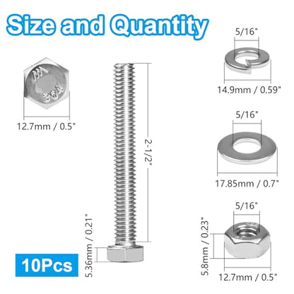 MroMax 10 Sets 5/16-18 x 2-1/2" Hex Head Screw Bolt, Nuts, Flat Washer & Spring Lock Washers Kits,Fully Threaded, Stainless Steel 18-8（304）, Bright Finish - size: 5/16-18 x 2-1/2" (10 Sets)