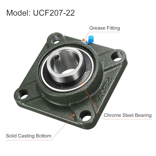uxcell 2pcs UCF207-22 Pillow Block Bearings 1-3/8 inch Bore Self Alignment, Solid Cast Iron Base Square Flange Mounted Chrome Steel Bearings - size: UCF207-22