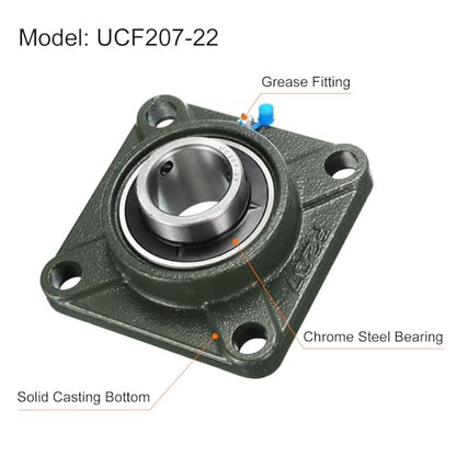 uxcell 2pcs UCF207-22 Pillow Block Bearings 1-3/8 inch Bore Self Alignment, Solid Cast Iron Base Square Flange Mounted Chrome Steel Bearings - size: UCF207-22