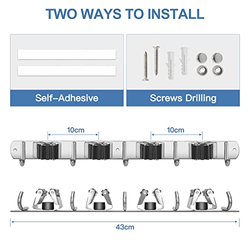 IMILLET 2 Pack Broom Holder Wall Mount Stainless Steel Mop Organizer - color: Stainless Steel - 4 Racks with 5 Hooks, size: 2 Pack