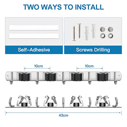 IMILLET 2 Pack Broom Holder Wall Mount Stainless Steel Mop Organizer - color: Stainless Steel - 4 Racks with 5 Hooks, size: 2 Pack