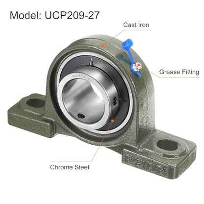 uxcell 2 Pcs UCP209-27 Pillow Block Bearings 1-11/16 inch Bore Self Alignment, Solid Cast Iron Base Mounted Chrome Steel Bearings - size: UCP209-27