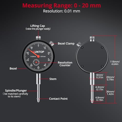XUNTOP Dial Indicator with 176lbs/80kg Magnetic Base,1inch/0.001inch Imperial Dial Test Gauge Set with Storage Case for Lathe,3D Printer,CNC,Car,Workshop