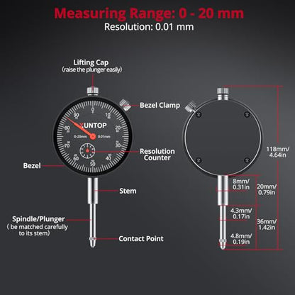 XUNTOP Dial Indicator with 176lbs/80kg Magnetic Base,1inch/0.001inch Imperial Dial Test Gauge Set with Storage Case for Lathe,3D Printer,CNC,Car,Workshop