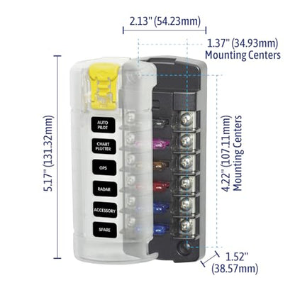 Blue Sea Systems ST Blade Fuse Block 6 Independent Circuits with Cover, 100 Amps, 5035 - color: With cover, style: 6 Circuit Independent