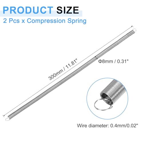 uxcell 2Pcs Extension Springs, 0.4x8x300mm/0.02x0.31x11.81in 304 Stainless Steel Extended Compression Spring Steel Dual Hook Tension Springs for Machinery Construction Home Repairs - size: 0.4x8x300mm