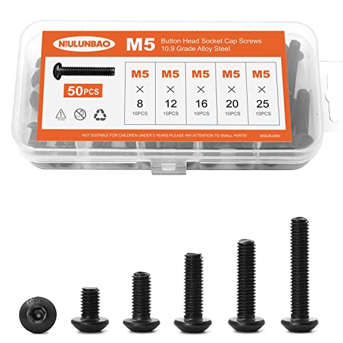 M5 x 8mm 12mm 16mm 20mm 25mm Button Head Socket Cap Screws Bolts 10.9 Grade Alloy Steel Metric, Black Oxide Finish, Allen Hex Drive, Machine Fully Threaded, Assortment Kit 50PCS - size: M5 x 8/12/16/20/25mm (50PCS)
