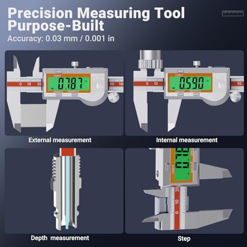 Preciva Digital Caliper Measuring Tool, Stainless Steel Digital Micrometer Vernier Caliper, with Backlight LCD, Auto-Off Feature, IP54 Splash Proof Protection and Inch Metric Conversion 6 Inch/150 mm
