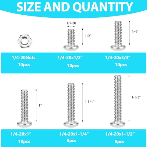 56 Pieces 1/4-20 x 1/2" 3/4" 1" 1-1/4" 1-1/2", Phillips Pan Head Machine Screws Bolts Nuts Kit, Coarse Thread, Fully Machine Threaded, 304 Stainless Steel - size: 1/4-20