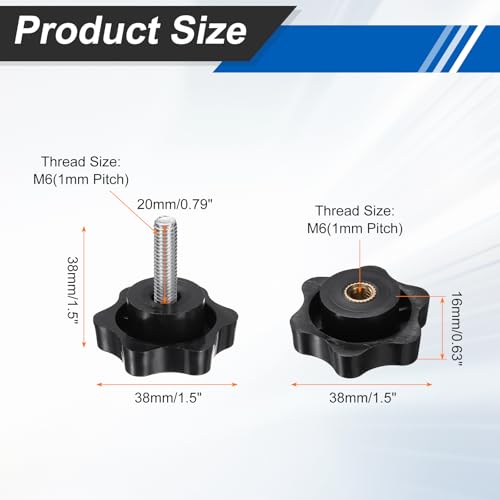 HARFINGTON Star Knobs M6 x 20mm Male + M6 Female Thread 38mm Head 2 Set - size: M6 x 20mm + M6 x 38mm
