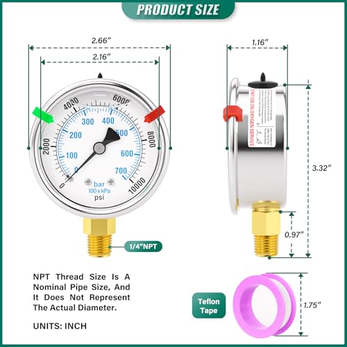 0-10000PSI Stainless Steel Liquid Filled Pressure Gauge, 2.5" Dial Size, 1/4" NPT Lower Mount, for Tube, Water Pump, Gas, Liquid, Pressure Test (with Range Mark Pointer) - size: 0-10000Psi