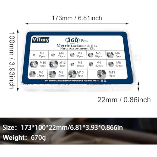 Metric Hex Nut & Lock Nut Assortment Kit (M3-M12) 360Pcs - size: Metric Hex Nuts and Locknuts, 360 Pcs