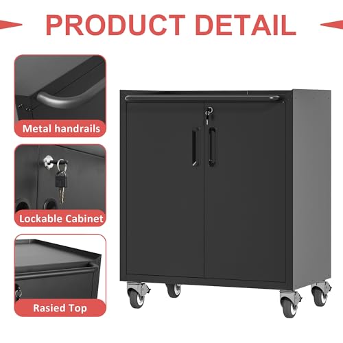 Metal Garage Tool Cabinet with 2 Lockable Doors & Wheels,Black - color: Black, style: 2 doors with wheels