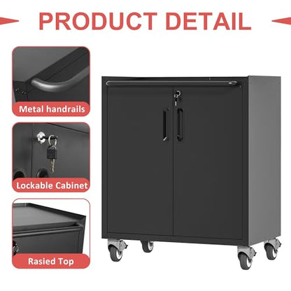 Metal Garage Tool Cabinet with 2 Lockable Doors & Wheels,Black - color: Black, style: 2 doors with wheels