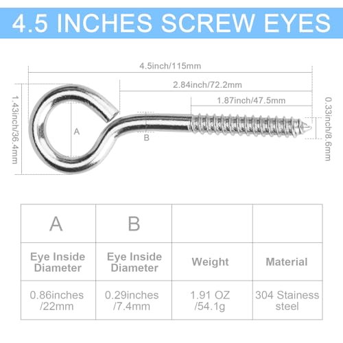 Aovchei Eye Screws, 4 Pcs 4.5 inches 304 Heavy Duty Screw Hooks - color: 304, size: 4.5 Inch 4pcs