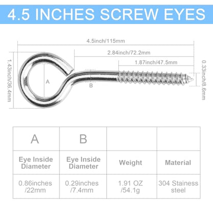 Aovchei Eye Screws, 4 Pcs 4.5 inches 304 Heavy Duty Screw Hooks - color: 304, size: 4.5 Inch 4pcs