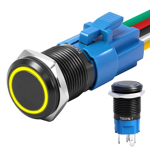 16mm Latching Push Button Switch 12V DC, IP65 Waterproof - color: Black Shell Yellow, size: 16mm