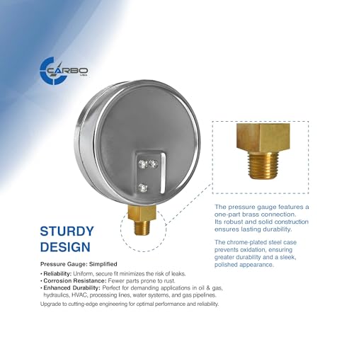 Carbo 200 PSI Dry Pressure Gauge with NIST Traceable Certificate, Calibrated in USA Lab, 4" Dial, 1/4 NPT Lower Mount, ASME Grade A, Steel Case, Brass Wetted Parts, PSI/Bar - size: 0-200 PSI, style: NIST TRACEABLE