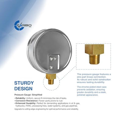 Carbo 200 PSI Dry Pressure Gauge with NIST Traceable Certificate, Calibrated in USA Lab, 4" Dial, 1/4 NPT Lower Mount, ASME Grade A, Steel Case, Brass Wetted Parts, PSI/Bar - size: 0-200 PSI, style: NIST TRACEABLE