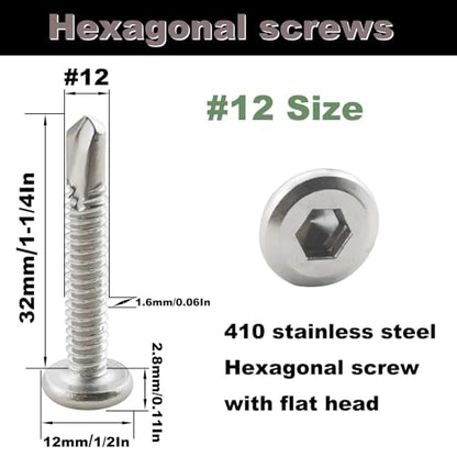 40PCS #12 x 1-1/4" Hex Socket Self Tapping Screws, 410 Stainless Steel Sheet Metal Flat Head Drilling Screw Self-Tapping Screws High-Strength Fast Sheet Metal Screws (5/8" to 1-3/4" Available) - size: 40PCS #12 x 1-1/4"