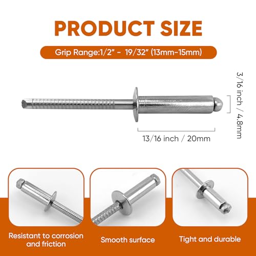 ALLCLEAN 75 Pcs 3/16"x3/4" Stainless Steel Blind Pro Rivets,4.8 x 20mm Pop Rivets,Stainless Steel Grip and Stainless Steel Mandrel - color: Stainless Steel, size: 3/16"x3/4"