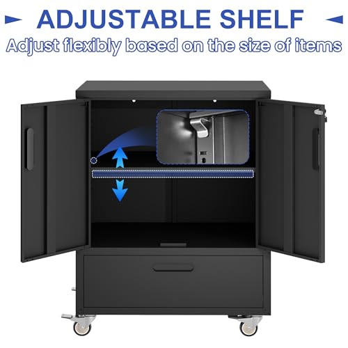 Metal Rolling Tool Storage Cabinet with 2 Locking Doors and 1 Drawer,Black - color: Black, style: 2 doors 1 drawer with wheels