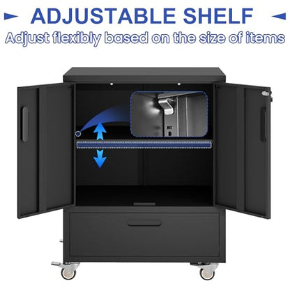 Metal Rolling Tool Storage Cabinet with 2 Locking Doors and 1 Drawer,Black - color: Black, style: 2 doors 1 drawer with wheels