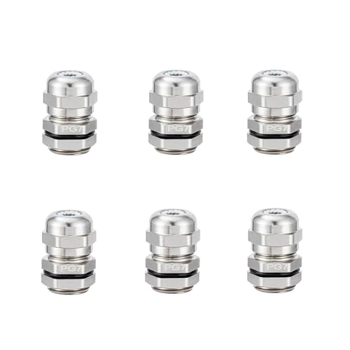 6 Pcs PG7 Cable Gland Joint Stainless Steel Adjustable 3-6.5mm Lock Nut Waterproof Connector