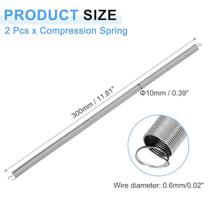 uxcell 2Pcs Extension Springs, 0.6x10x300mm/0.02x0.39x11.81in 304 Stainless Steel Extended Compression Spring Steel Dual Hook Tension Springs for Machinery Construction Home Repairs - size: 0.6x10x300mm